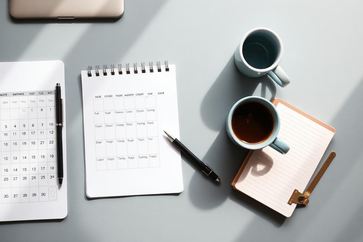 Calendar, notebook, pen, and coffee cup arranged on a desk