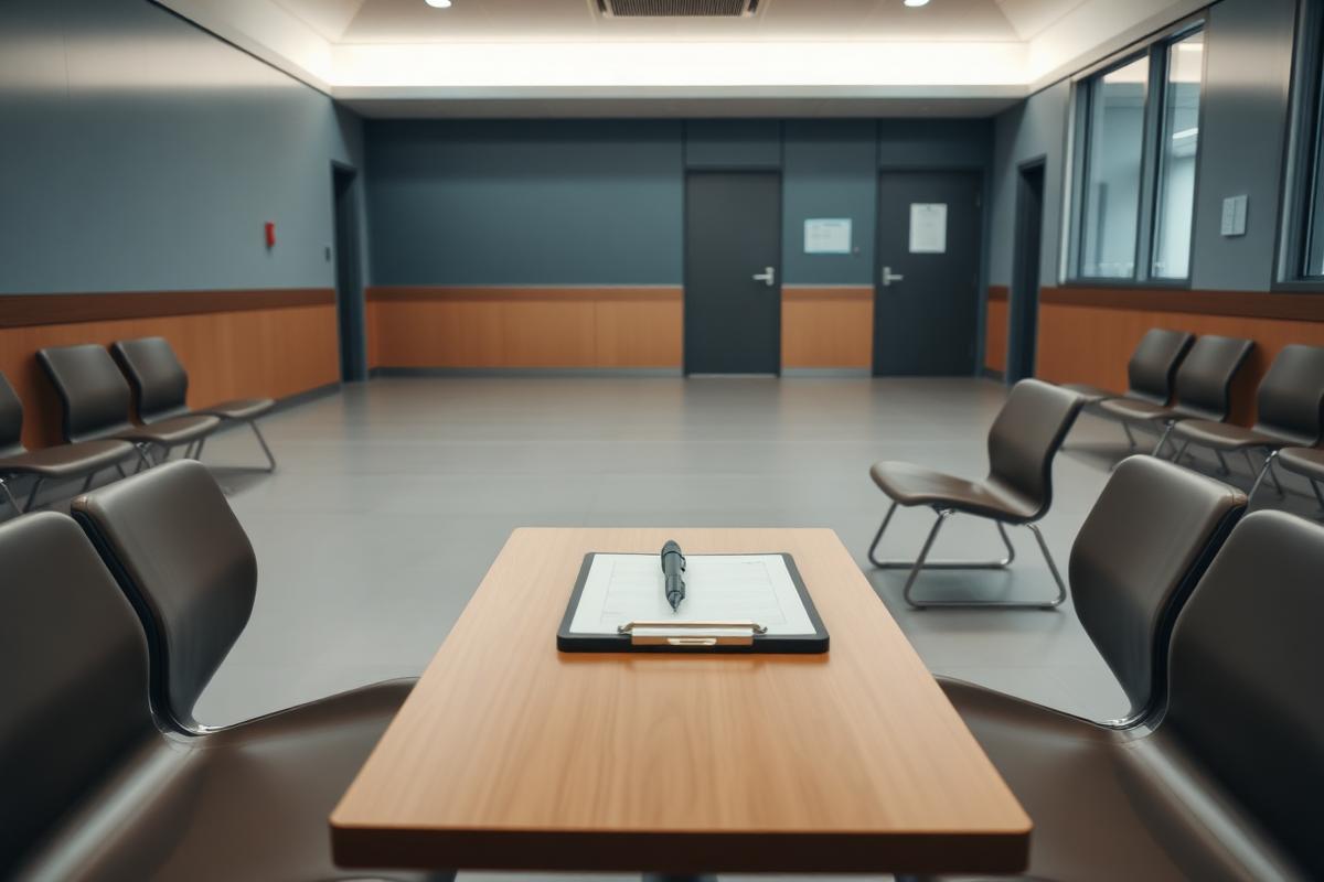 Quiet research facility waiting area with a clipboard on a table