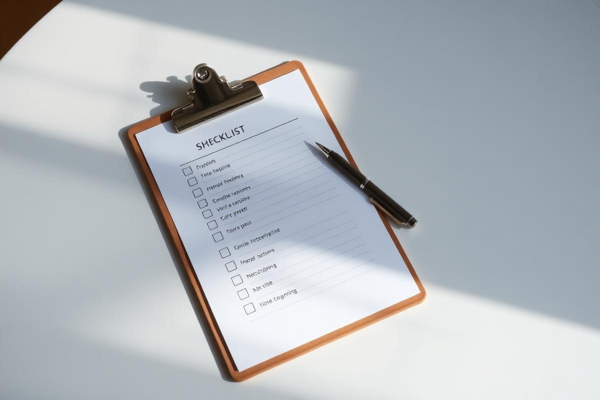 Clipboard with a blank checklist and a pen on a bright table